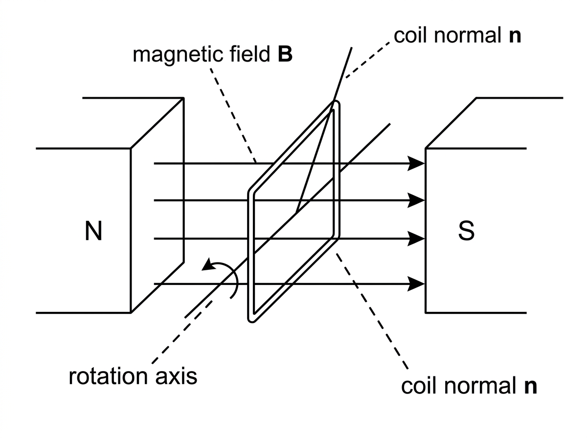 Diagram of a rectangular coil rotating between magnetic pole pieces, with coil normal, magnetic field direction and rotation axis labelled.