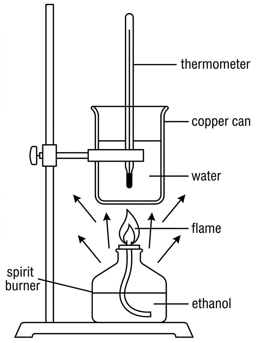 A spirit burner below a metal can or beaker containing water, clamped above a flame. Labels should include spirit burner, ethanol, flame, water, thermometer, and copper can or beaker. The image should communicate significant heat loss to air but must not provide numerical calculations.