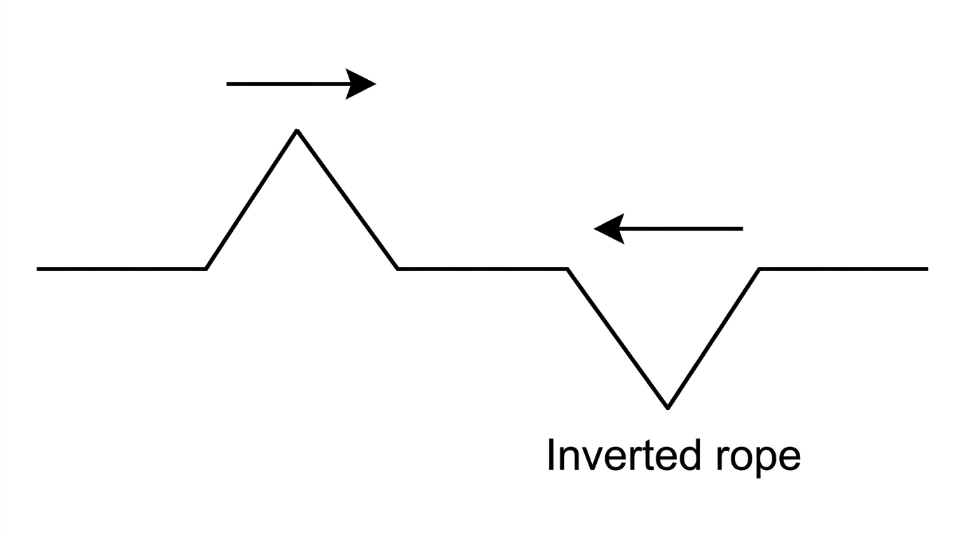 Two equal triangular pulses on a rope approaching each other, one upward and one downward, with arrows showing motion.
