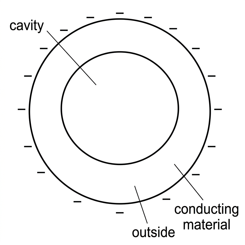 Cross-section of a hollow conducting sphere with an empty central cavity, net negative charge indicated on the outer conductor, and regions labelled cavity, conducting material, and outside.