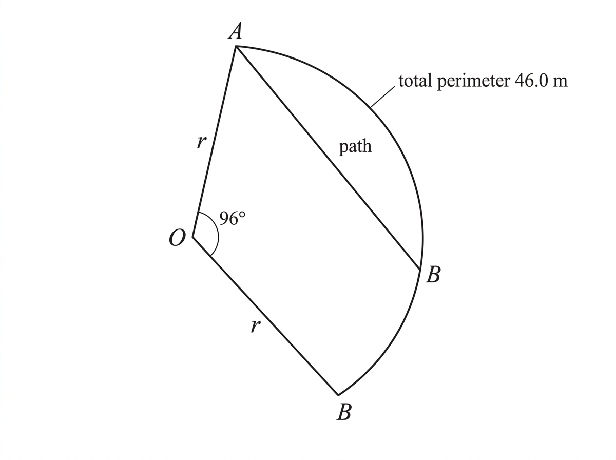 A circular sector representing a flower bed with central angle $96^\circ$. The two radii meet at the centre, and the minor arc has endpoints labelled A and B exactly once. A straight path (chord AB) is drawn directly from A to B and labelled clearly beside the chord. One radius is labelled $r$, and the sector perimeter is labelled $46.0\ \text{m}$.