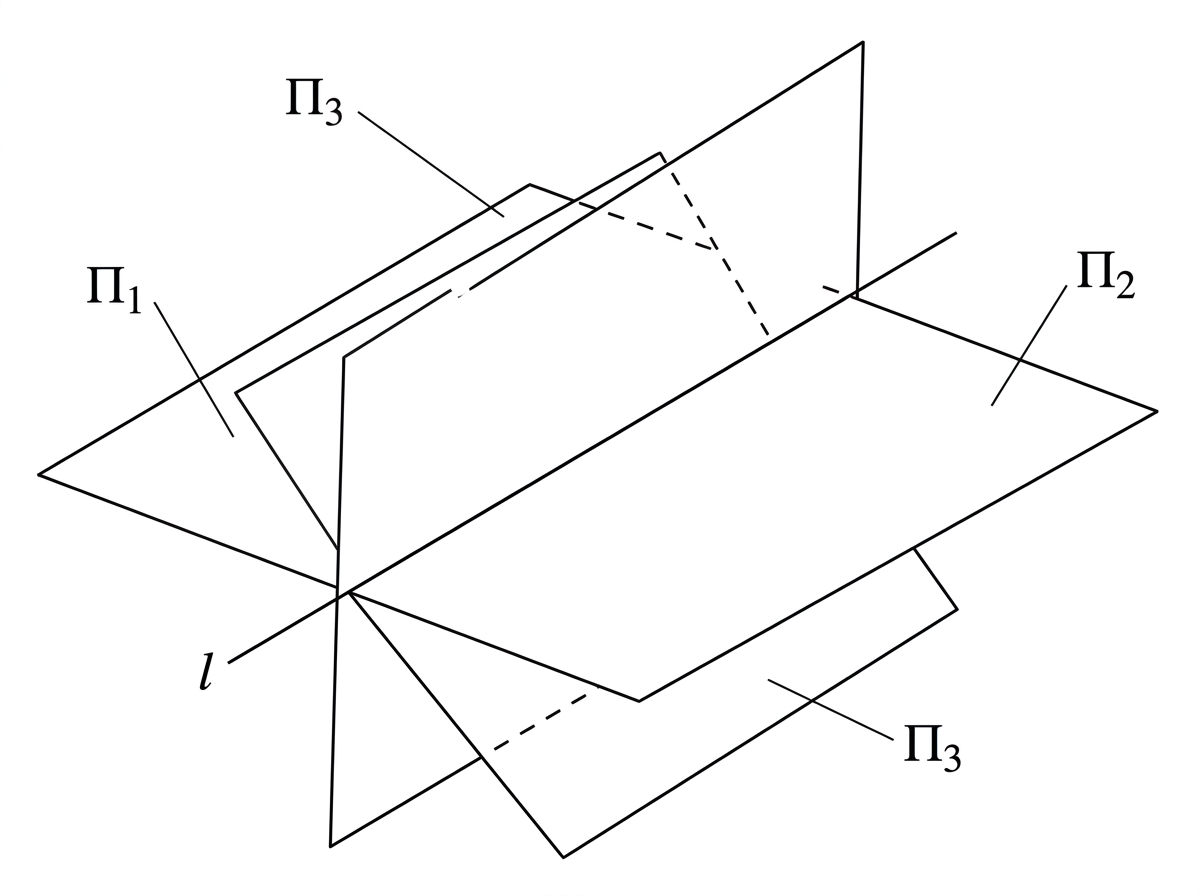 A three-dimensional sketch showing two planes intersecting in a line, with a third plane that may either contain that line or cut it at a single point. The line of intersection should be labelled, but no coordinates or parameter values should be shown.
