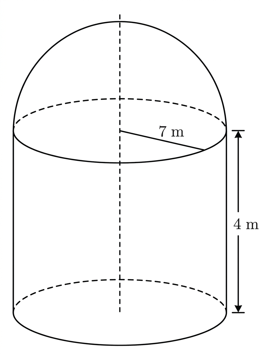 An observatory formed from a right cylinder topped by a hemisphere, with the shared radius and cylinder height labelled.