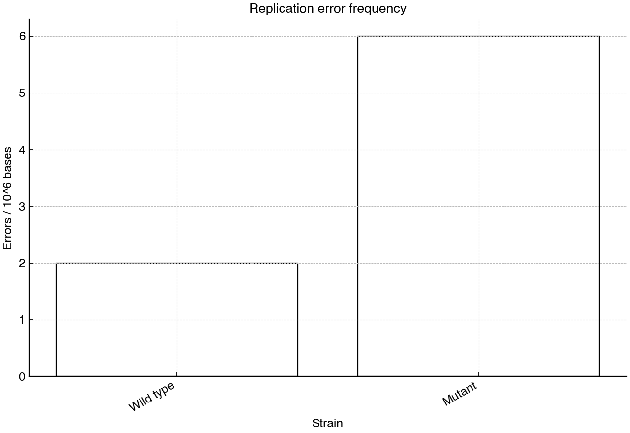 Bar graph comparing replication error frequency in two prokaryotic strains.
