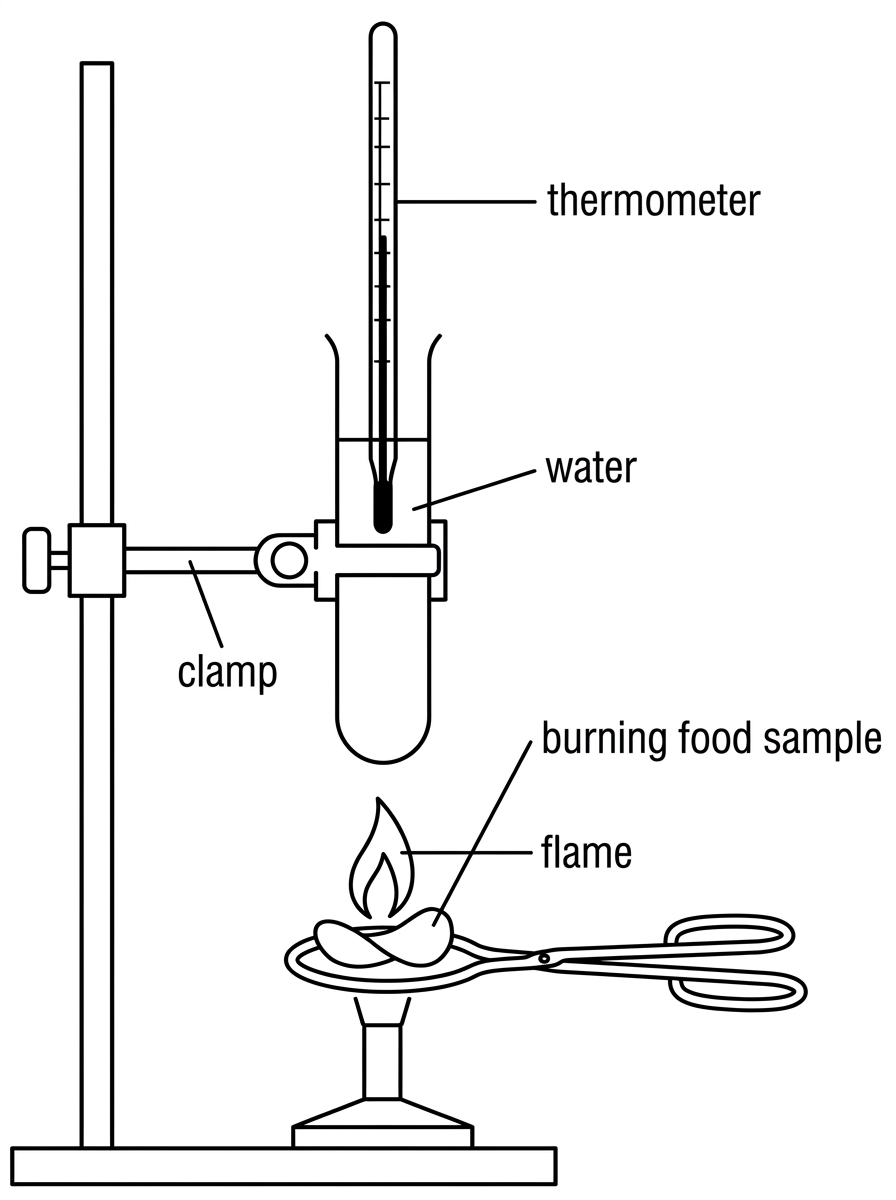 A simple food calorimetry setup with a burning food sample below a boiling tube or metal can of water. Labels should include water, thermometer, burning food sample, clamp, and flame. The visual should suggest that the apparatus is open to the air.