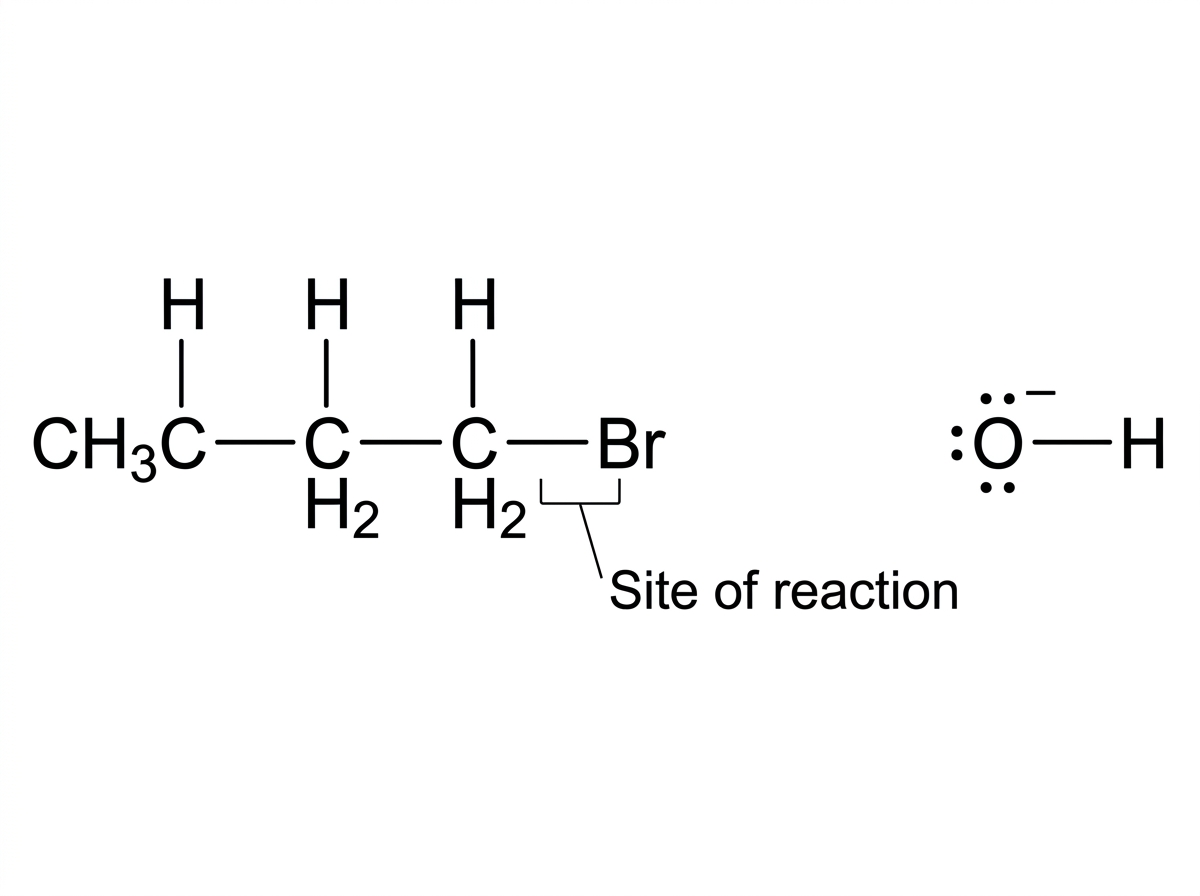 A structural formula of 1-bromopropane showing a three-carbon chain with Br bonded to a terminal carbon, and a separate hydroxide ion with lone pairs shown on oxygen. The terminal carbon bonded to Br should be indicated as the site of reaction, but no curly arrows or products should be shown.