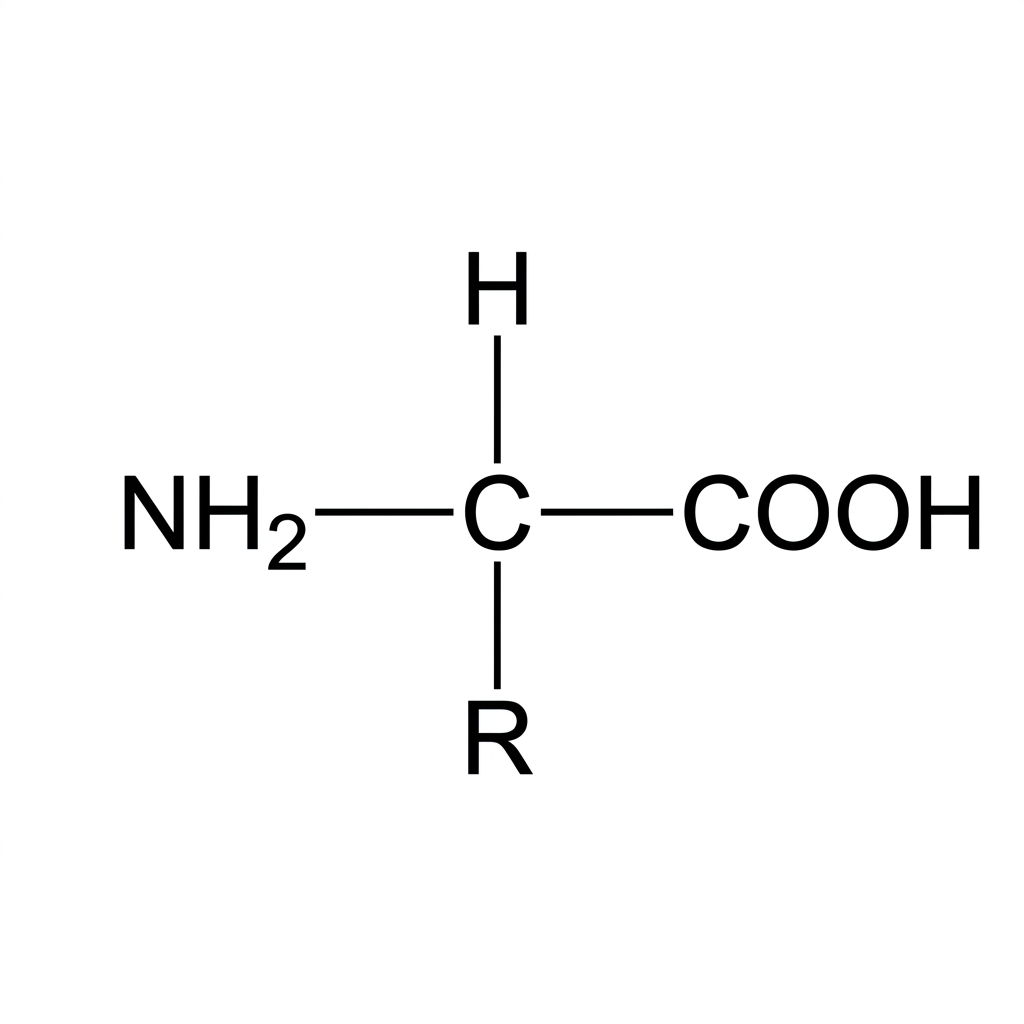 General structure of an amino acid with a central carbon bonded to an amino group, a carboxyl group, hydrogen and an R group. The diagram should not show a peptide bond.