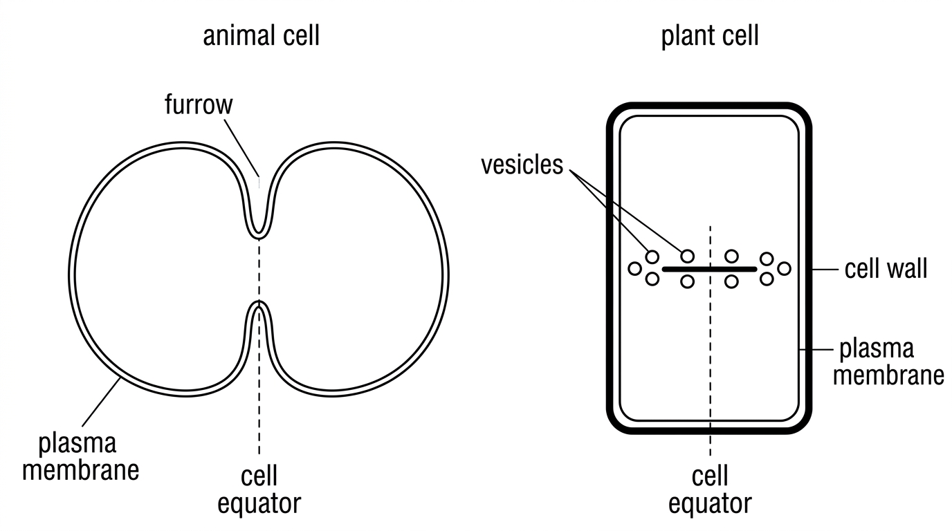 Side-by-side schematic of late cytokinesis in an animal cell and a plant cell, showing a cell equator, inward furrow in the animal cell, vesicles at the centre of the plant cell, existing plasma membranes and plant cell walls.