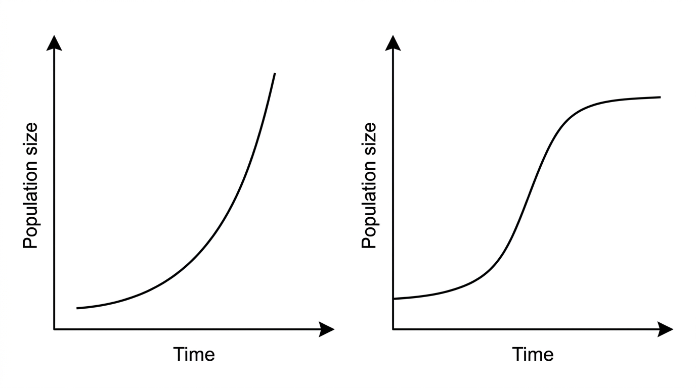 Two simple line graphs side by side: one J-shaped growth curve and one S-shaped sigmoid curve, with axes population size and time but no phase labels or explanatory text.