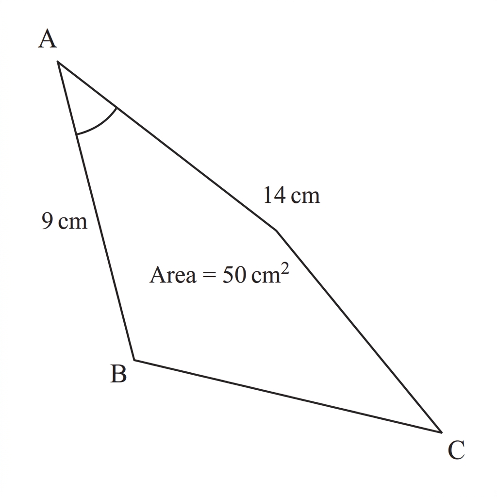 A genuine three-sided triangle ABC with A, B and C as the only vertices. Segments AB and AC are straight, with AB labelled 9 cm and AC labelled 14 cm. The interior angle BAC at A is clearly obtuse, approximately $127.5^\circ$. The area is shown inside the triangle as $50\text{ cm}^2$.