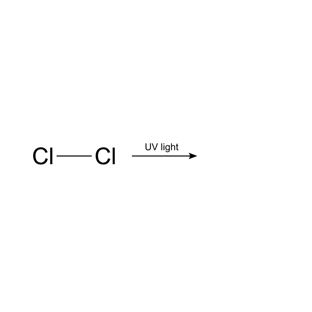 A simple displayed chlorine molecule with two chlorine atoms joined by a single bond and space for students to add electron-movement arrows and products; the diagram must show UV light as a condition but must not show radical products or fish-hook arrows.