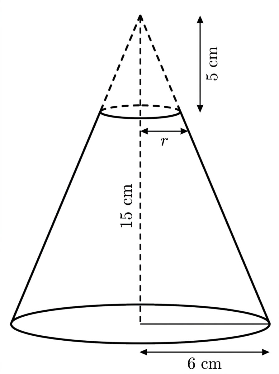 A central cross-section of a cone and the smaller similar cone removed from its apex, showing the resulting open frustum. The original cone has total height $15\text{ cm}$, the removed cone has height $5\text{ cm}$, and the frustum has height $10\text{ cm}$; relevant radii and slant lengths are shown.