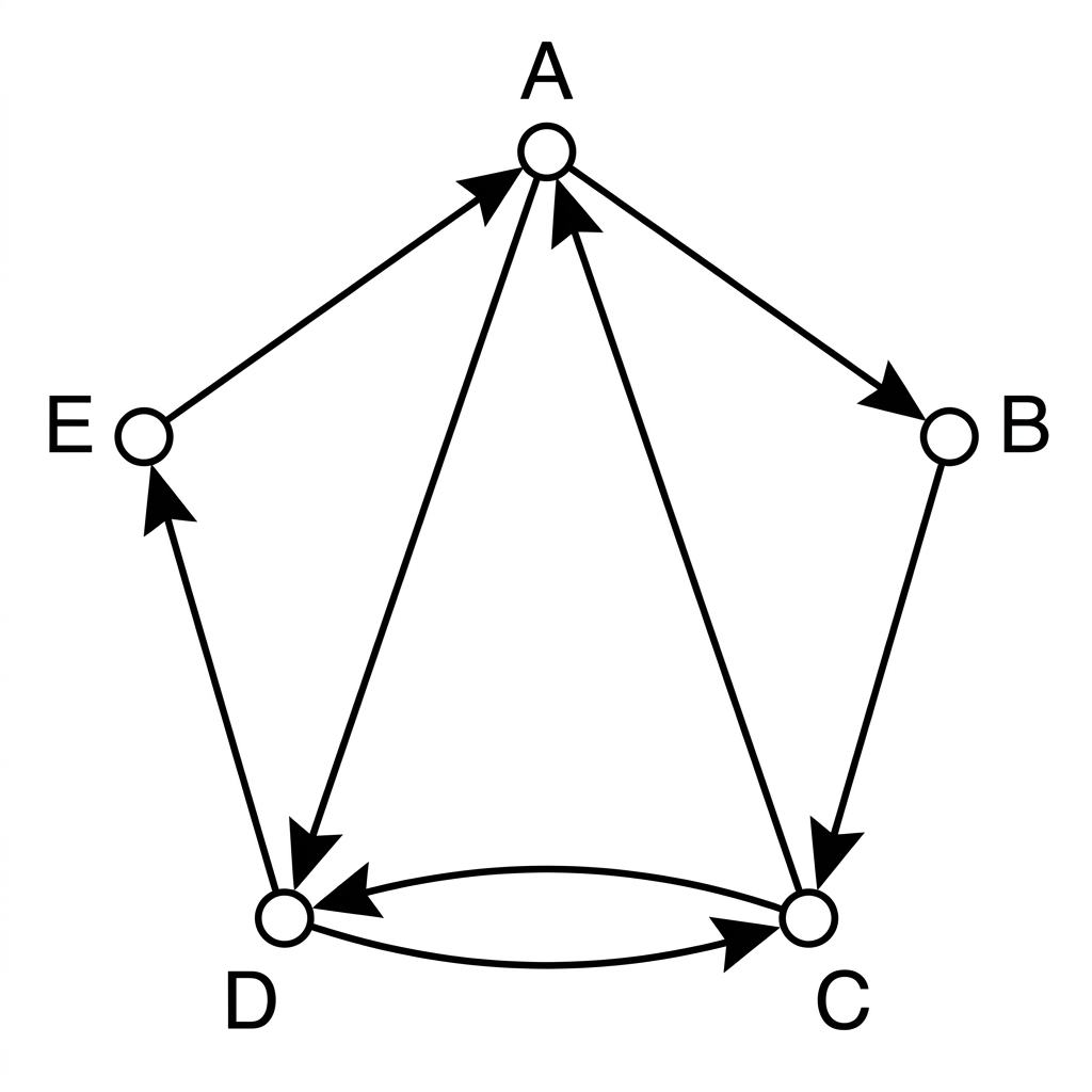 A directed graph showing five bicycle docking stations A to E and the permitted one-way routes between them.