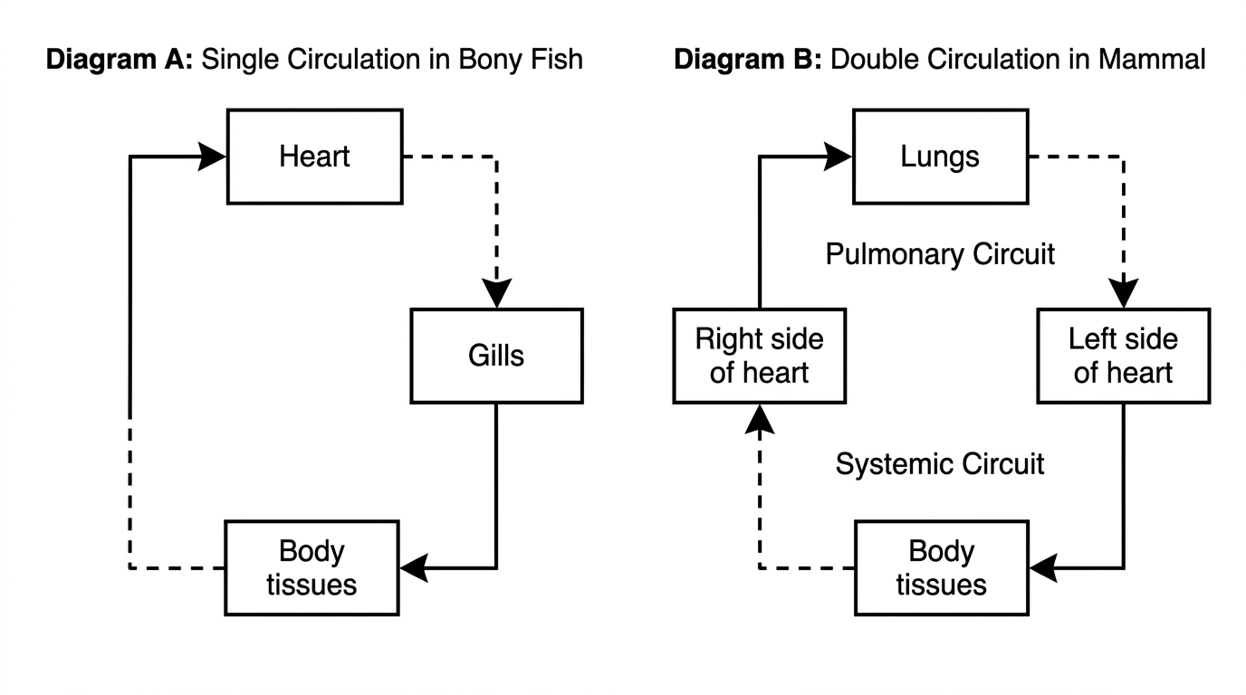 Two simple black-and-white circuit diagrams side by side. The fish diagram shows a single loop with boxes for heart, gills and body tissues connected by arrows. The mammal diagram shows two linked loops with boxes for right side of heart, lungs, left side of heart and body tissues connected by arrows. Oxygenation status is indicated by different line styles, but the diagrams do not include explanatory notes about pressure or advantages.