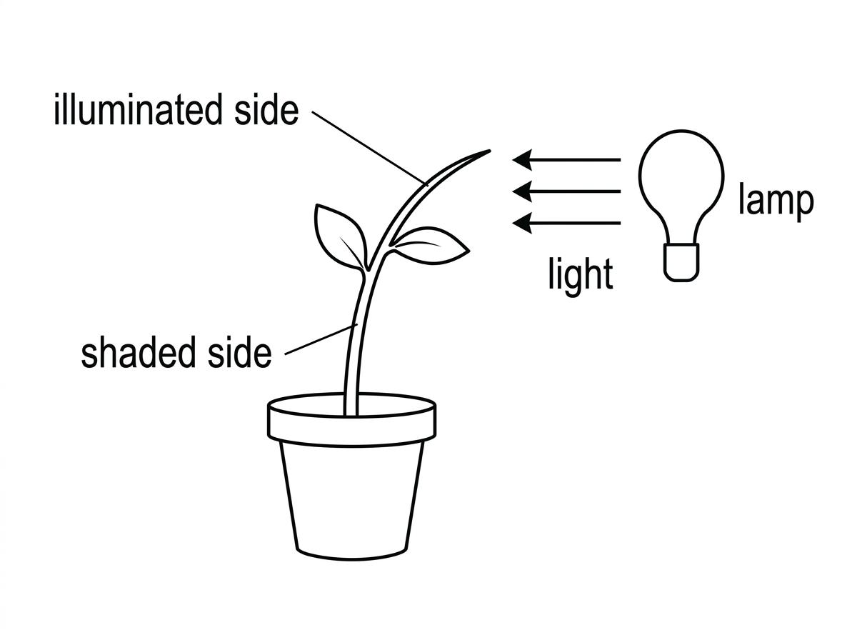 Seedling shoot in a pot illuminated from one side by a lamp, showing shoot curvature toward the lamp and shaded/illuminated sides marked but no mechanism text.