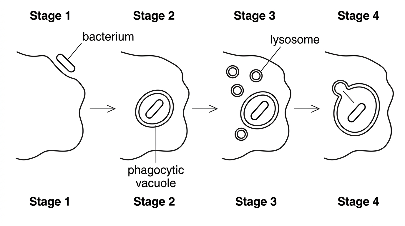 A sequence diagram showing a macrophage membrane surrounding a bacterium, formation of a phagocytic vacuole, lysosomes moving toward it, and fusion to form a digestive compartment. Labels should identify the bacterium, phagocytic vacuole and lysosome, but should not label advantages of compartmentalization.