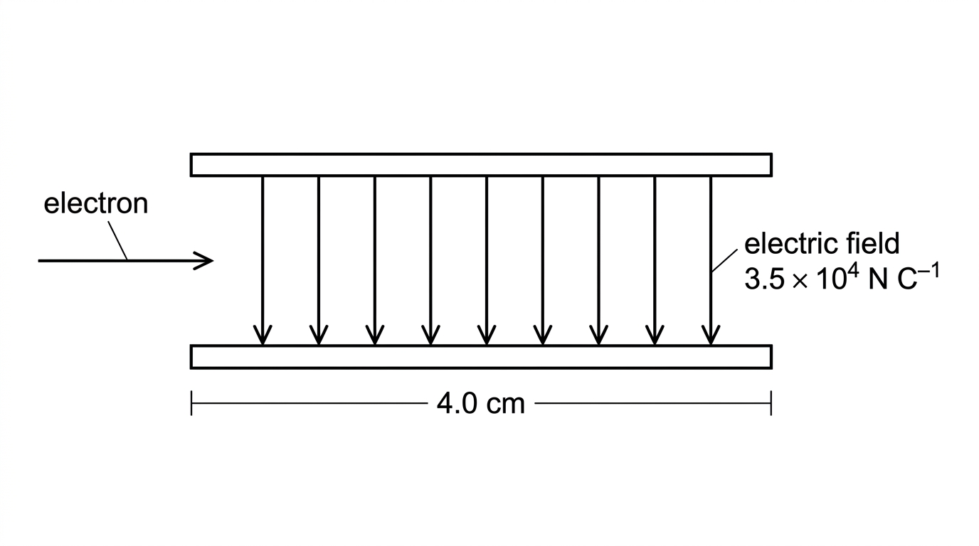 A pair of horizontal parallel plates with a horizontal incoming electron beam, the uniform electric field arrow directed vertically downwards, and the plate length labelled.