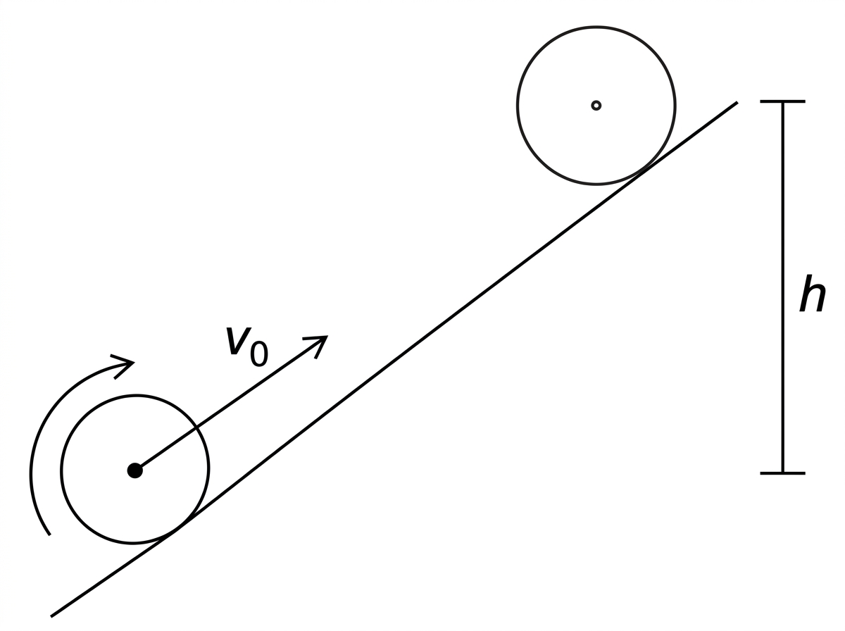 Ball rolling without slipping up an inclined ramp, with initial centre-of-mass speed v0 at the bottom and maximum vertical height h indicated.