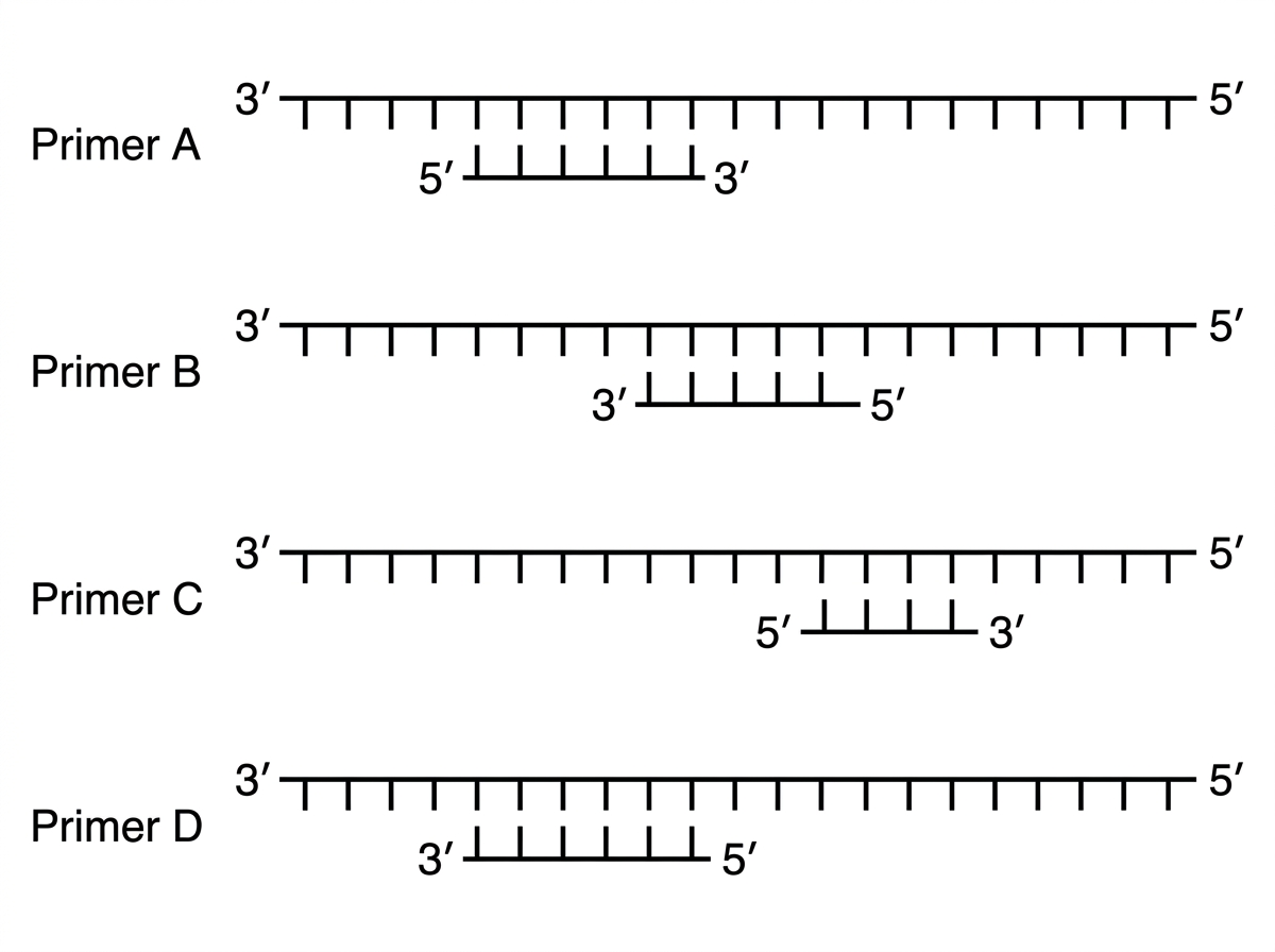 Single-stranded DNA template shown with 3′ and 5′ ends labelled. Four short primers are annealed in different orientations/positions; only primers with a free 3′ hydroxyl correctly positioned for extension along the template are shown as extended.