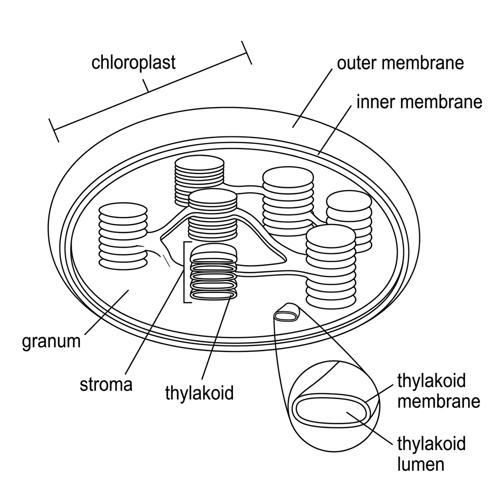 A labelled diagram of a chloroplast showing double outer envelope, stroma, stacks of thylakoids forming grana, thylakoid membranes and thylakoid lumen. The diagram should not label photosystems, Calvin cycle enzymes or proton gradients.