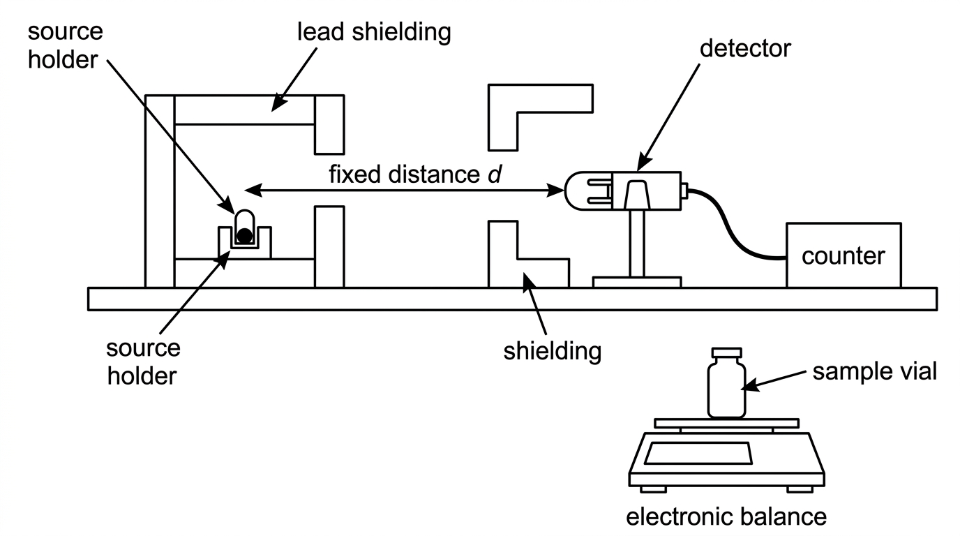 A labelled laboratory arrangement for measuring activity of a weak sealed source: source holder at fixed distance from a detector connected to a counter, with shielding around the apparatus. A separate balance and sample vial are shown to indicate that the sample mass is known. The diagram does not show numerical readings.