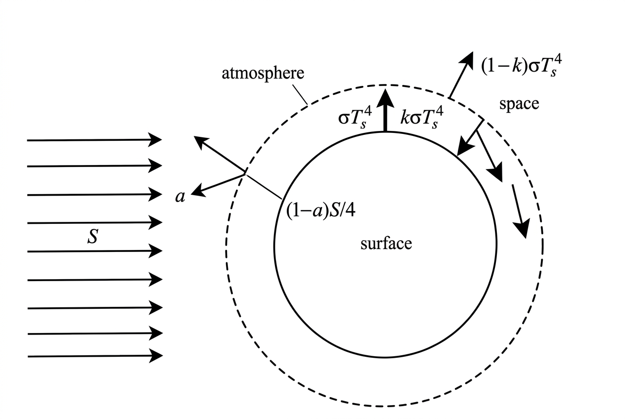A planet with a single atmospheric layer. Show absorbed solar radiation at the surface-atmosphere system, infrared radiation emitted by the surface, a fraction returned downward by the atmosphere, and the remainder escaping to space.