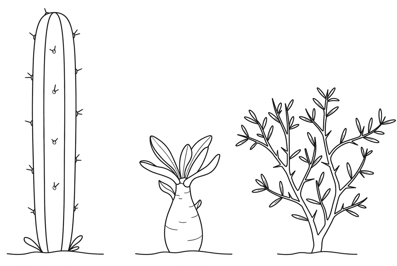 A comparative black-and-white illustration showing three unrelated desert plants from different regions. Each plant should have visibly similar water-conserving features such as reduced leaves, spines or swollen stems, but no labels should state convergent evolution or name the adaptation.