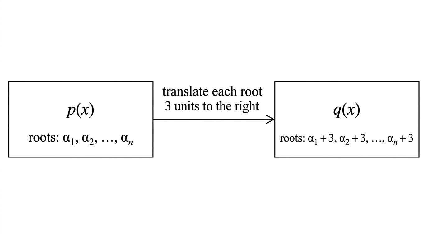 A simple flow diagram showing a polynomial $p(x)$ with roots $\alpha_i$ transformed to a polynomial $q(x)$ with roots $\alpha_i+3$.