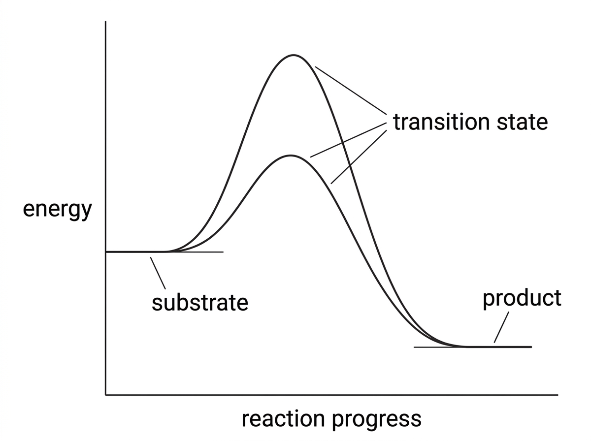 An energy profile diagram with reaction progress on the x-axis and energy on the y-axis. Two curves start at the same substrate energy level and end at the same product energy level. The uncatalysed pathway has a higher peak than the enzyme-catalysed pathway. Labels show substrate, product and transition state but do not label which option is correct.
