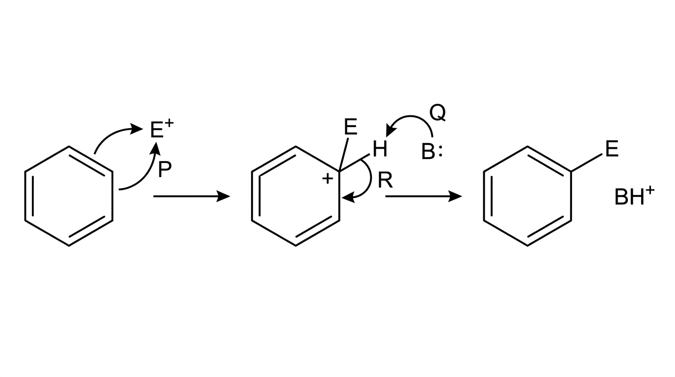 An annotated two-step mechanism for benzene reacting with E⁺: benzene ring attacking E⁺, a sigma-complex/carbocation intermediate with disrupted aromaticity, and deprotonation restoring the ring; arrows labelled for students to identify.