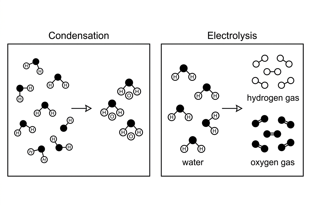 Two simplified particle diagrams in separate panels. One panel shows steam particles becoming closer together as liquid water droplets form, with each particle still representing water. The other panel shows water particles before electrolysis and separate hydrogen and oxygen gas particles after electrolysis. The diagrams use different shading for hydrogen and oxygen atoms but do not include equations.