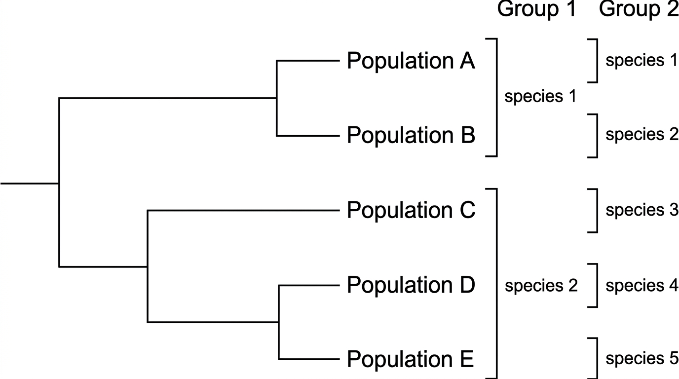 Simplified phylogenetic tree of island lizard populations with five labelled population clusters, some with deep genetic separation. Include two alternative taxonomic brackets: Group 1 combining clusters into two species and Group 2 separating them into five species.