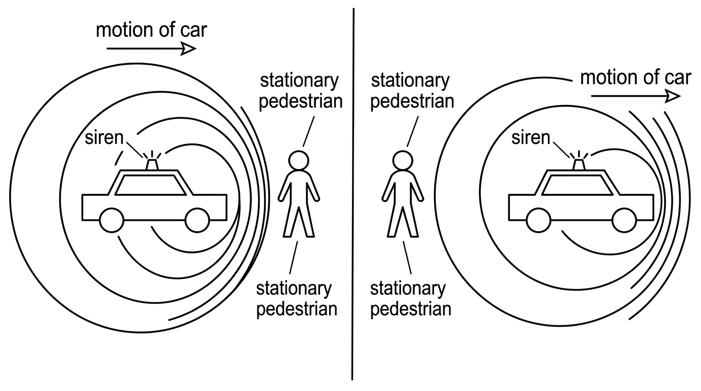 A car with siren moving past a stationary pedestrian, showing compressed wavefronts ahead of the car and spread wavefronts behind; the pedestrian is shown before and after the car passes.