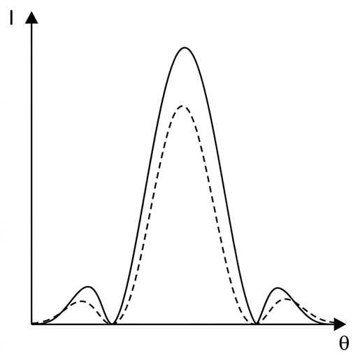 A graph of intensity against angular position. Show a dashed original single-slit pattern. Superimpose a solid new pattern with a taller and broader central maximum, with first minima farther from the centre than the dashed pattern.