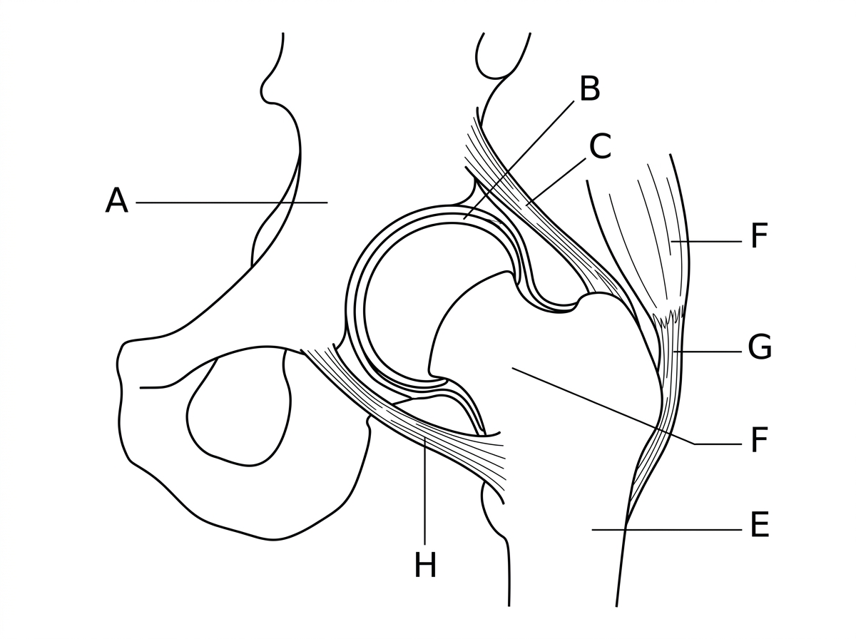 An annotated cross-sectional diagram of the human hip joint showing the pelvis, socket, femur with rounded head, articular cartilage covering bone ends, joint capsule enclosing a synovial fluid-filled cavity, ligaments joining pelvis to femur, a tendon attaching a muscle to the femur and a muscle adjacent to the joint. Labels use letters without naming the structures.