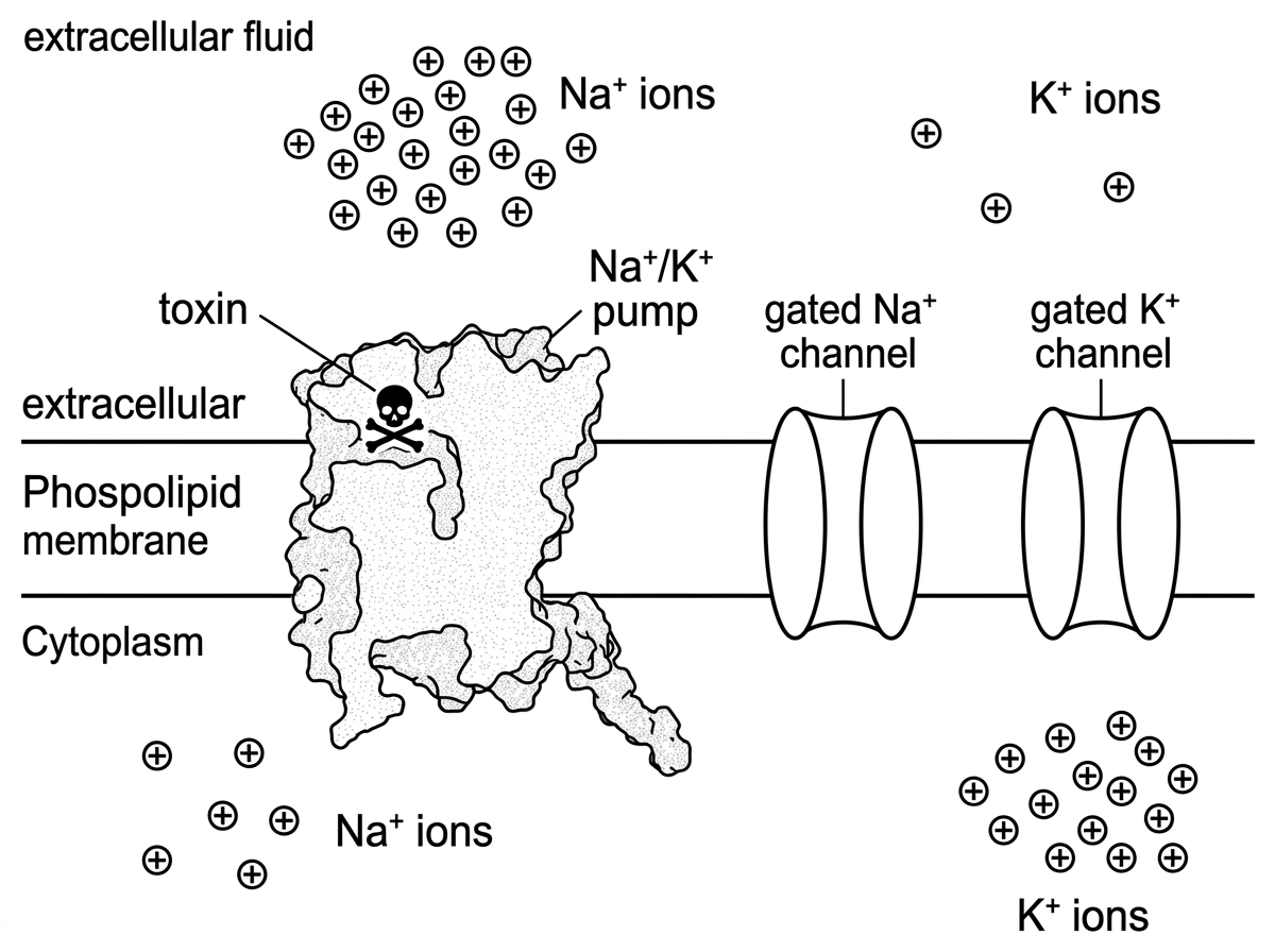 A schematic of a neuron plasma membrane showing sodium-potassium pumps and separate gated $Na^+$ and $K^+$ channels. Concentration gradients for $Na^+$ and $K^+$ are indicated by different relative amounts of ions inside and outside the cell. A toxin symbol is shown binding to the pump but not to the channels. The diagram does not state the pump stoichiometry.