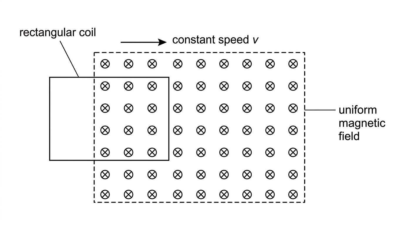 Diagram of a rectangular coil moving horizontally at constant speed through a rectangular region of uniform magnetic field perpendicular to the coil.