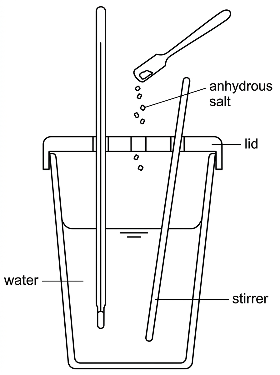 A polystyrene cup calorimeter with anhydrous salt being added to water. Labels should include anhydrous salt, water, thermometer or probe, lid, and stirrer. The image should not show the calculation or final temperature.
