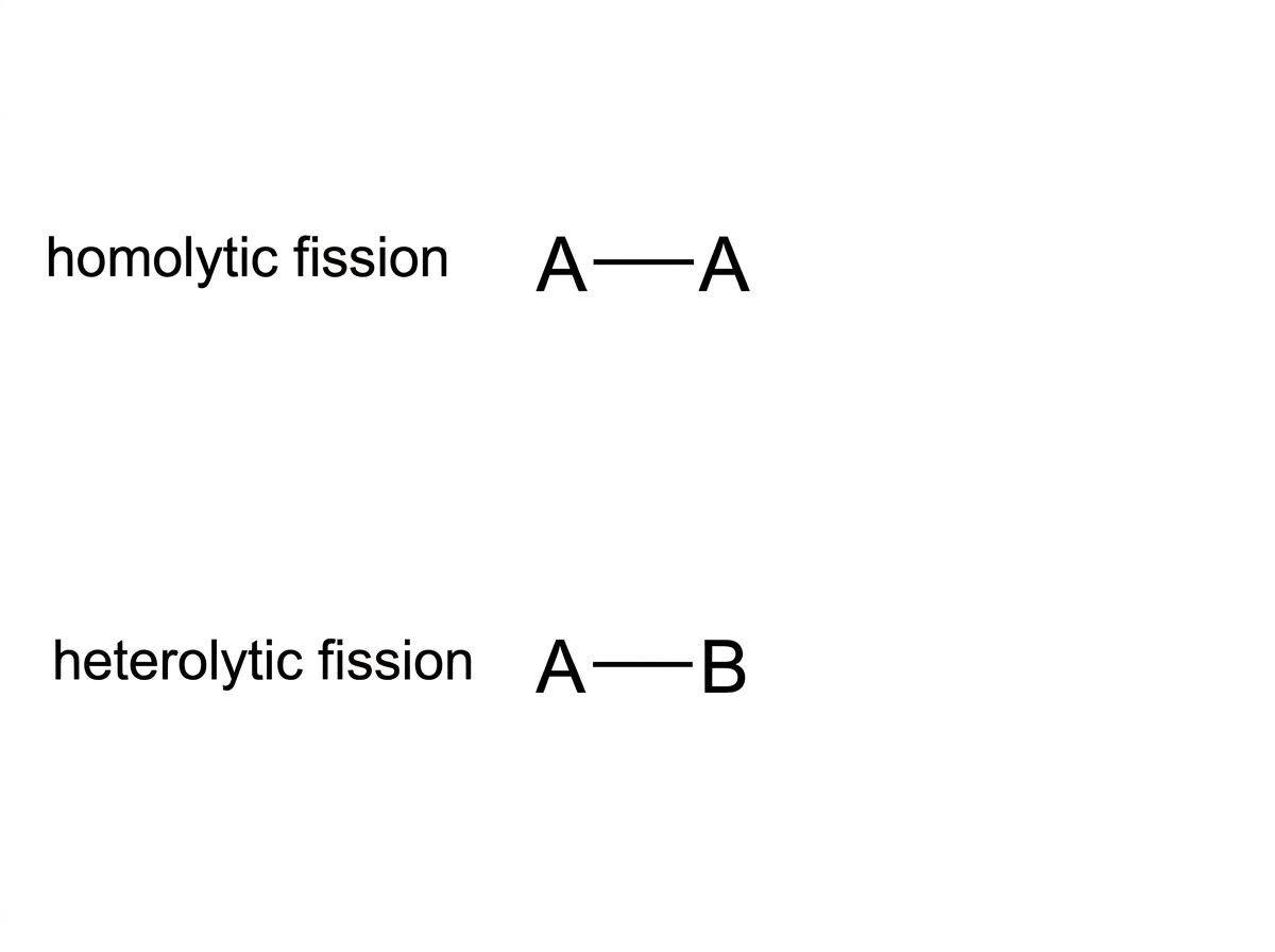 Two separate generic covalent bonds labelled A--B in parallel, with blank space for products. One pathway is labelled homolytic fission and the other heterolytic fission; no products, charges or radical dots are shown.
