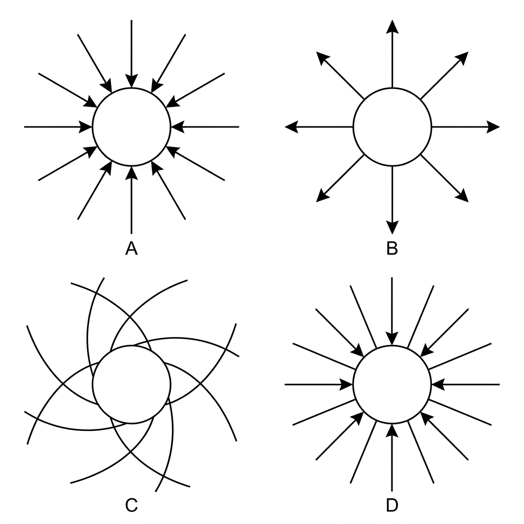An annotated stimulus containing four labelled field-line diagrams around a single spherical planet. The diagrams vary in arrow direction, radial symmetry, whether field lines cross, and whether line spacing becomes closer near the planet.