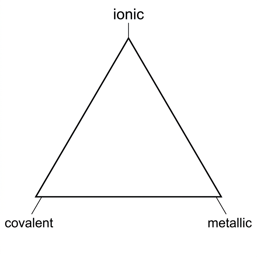 A triangular bonding diagram with the three corners labelled ionic, covalent and metallic. The diagram should show empty interior regions suitable for placing binary substances but no plotted compounds or numerical boundaries.