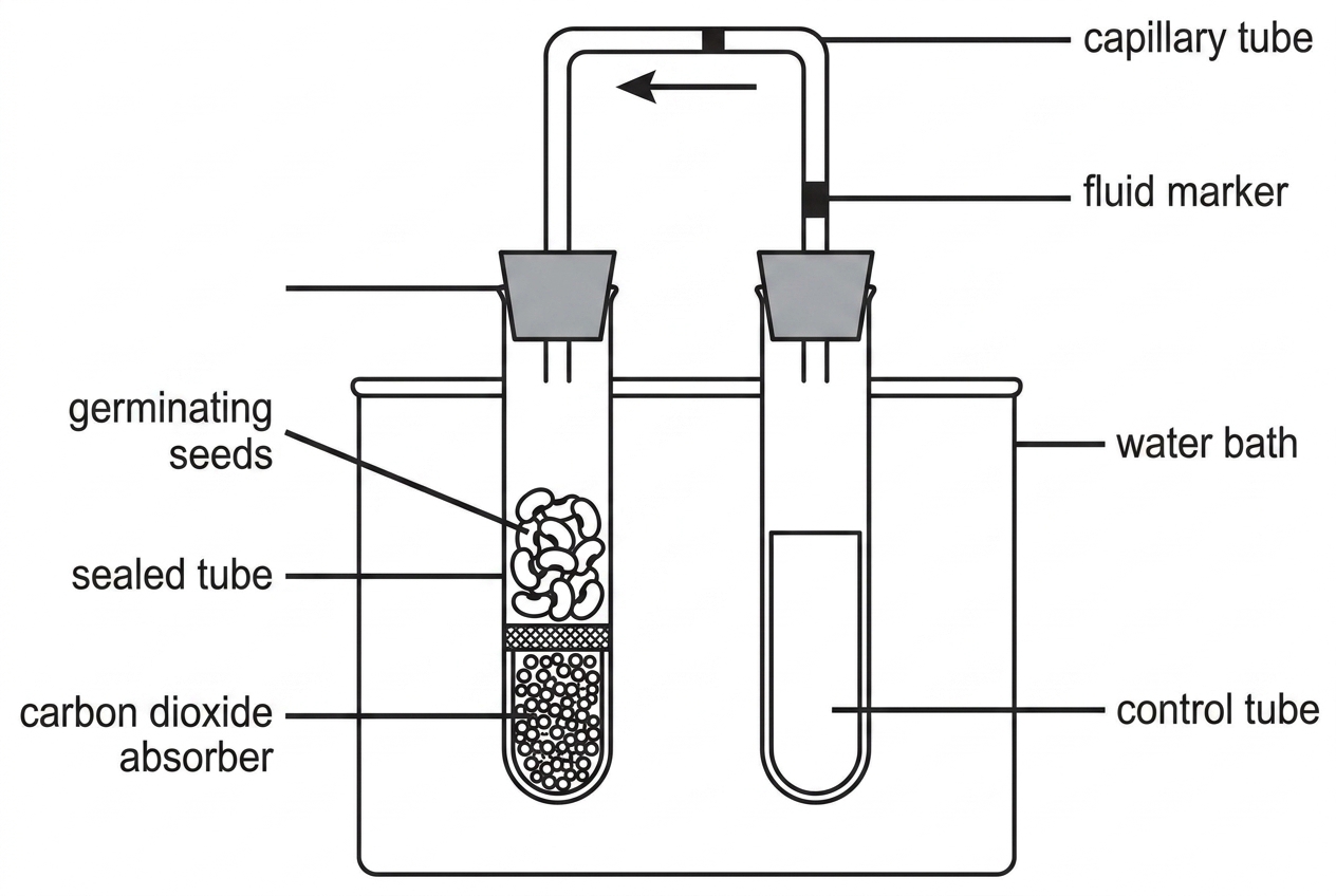 A labelled diagram of a simple respirometer with germinating seeds in a sealed tube, a carbon dioxide absorber separated from the seeds, a capillary tube containing a movable coloured fluid marker, and an arrow showing the marker moving towards the seeds. Include a matched control tube in the same water bath, but do not include numerical measurements beyond generic labels.
