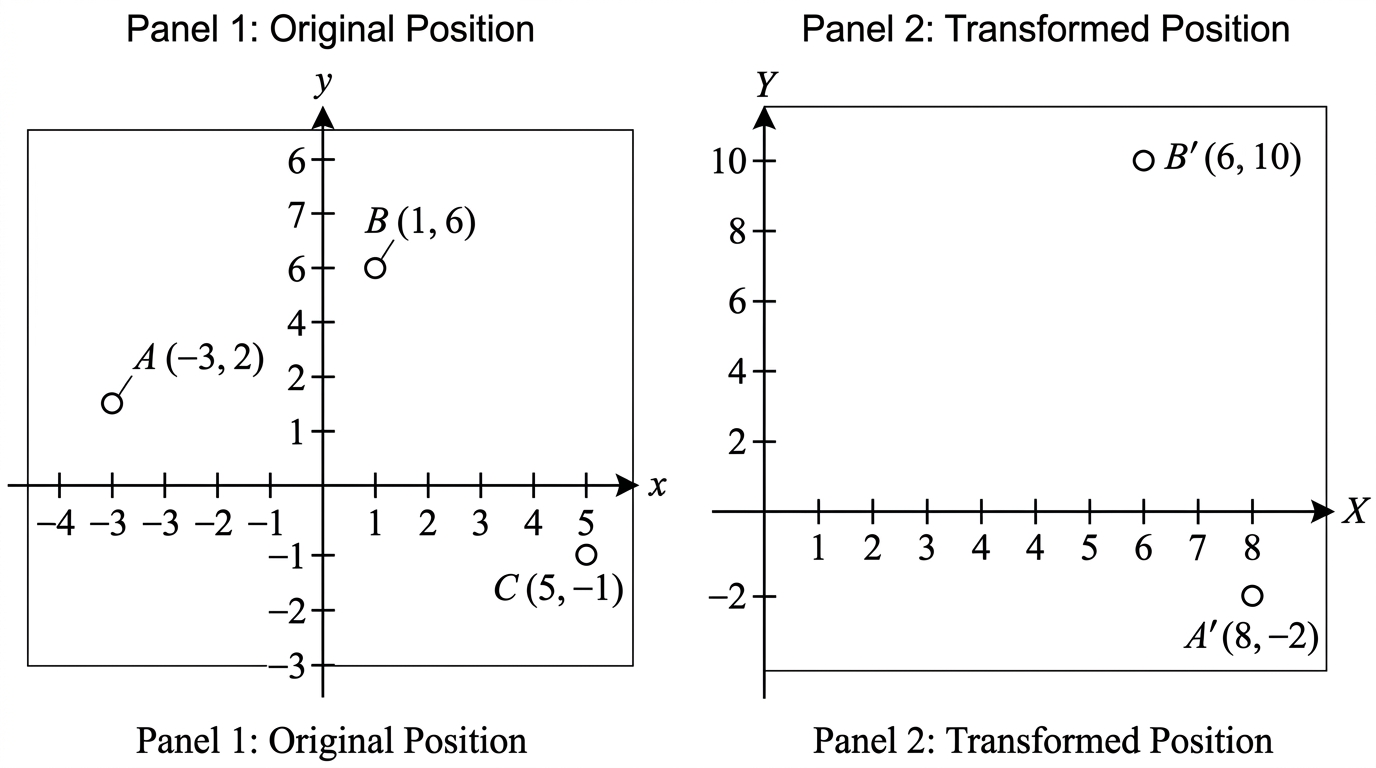 Two simplified image strips showing corresponding labelled landmarks before and after registration, with horizontal and vertical coordinate directions.