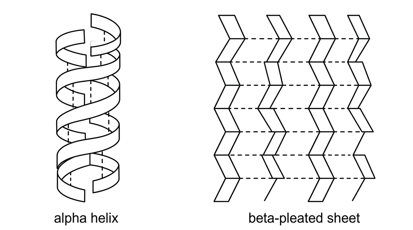 Two simplified ribbon diagrams side by side: one coiled helix and one pleated sheet of adjacent strands, with hydrogen bonds indicated but not labelled as answers.