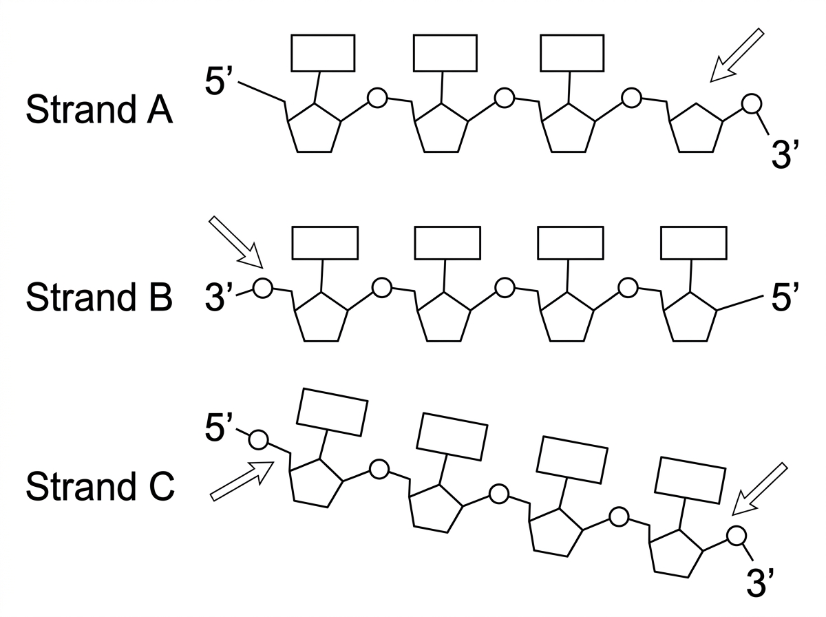 Three simplified nucleic acid strands with sugar–phosphate backbones, bases and labelled 5′/3′ ends; each has an arrow showing a proposed addition site, with only one arrow pointing to a free 3′ end.