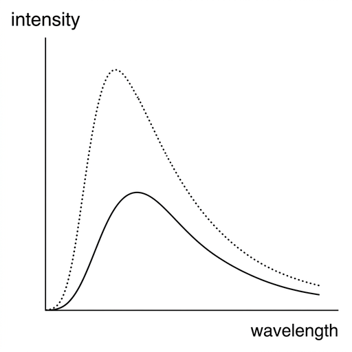 A graph with vertical axis labelled intensity and horizontal axis labelled wavelength. Include a dotted black-body spectrum curve as a reference. Draw the solid curve with a lower maximum than the dotted curve and with its peak shifted to a longer wavelength. Keep styling, axes and curve thickness comparable with the other options.