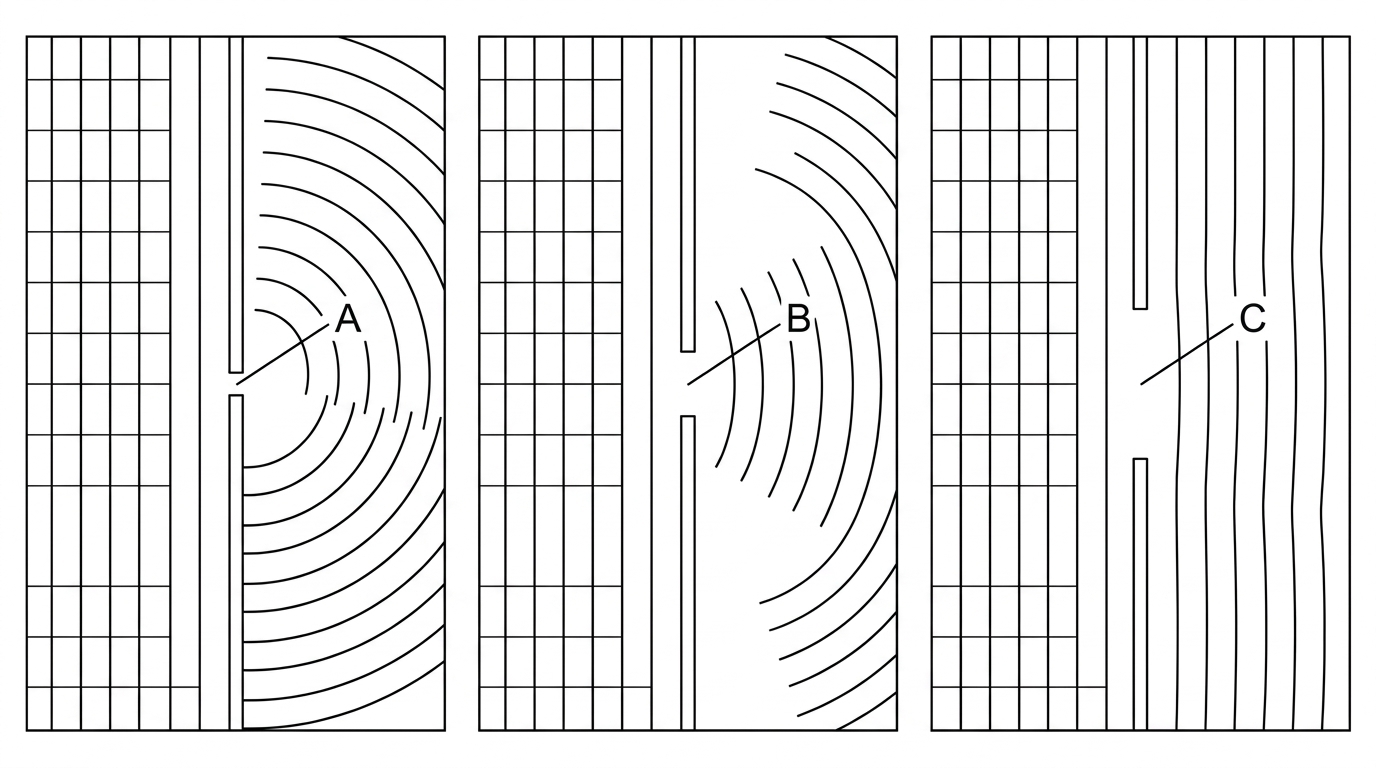 Three side-by-side ripple-tank diagrams labelled aperture A, aperture B and aperture C. Each shows straight incident wavefronts meeting a barrier with a central gap. The aperture widths are visibly different. Beyond each gap the emerging wavefronts have different curvatures, from slight spreading to strong semicircular spreading. The incident wavelength is the same in all three diagrams.