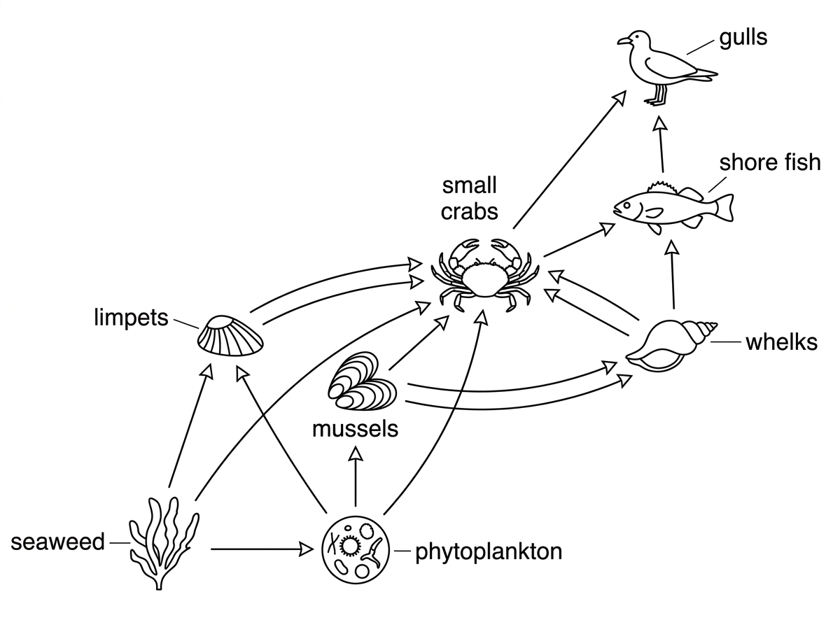 A food web diagram for a rocky shore with labelled organisms such as seaweed, phytoplankton, limpets, mussels, small crabs, whelks, shore fish and gulls. Arrows point from food to feeder, and at least one omnivore feeds on both producers and consumers.