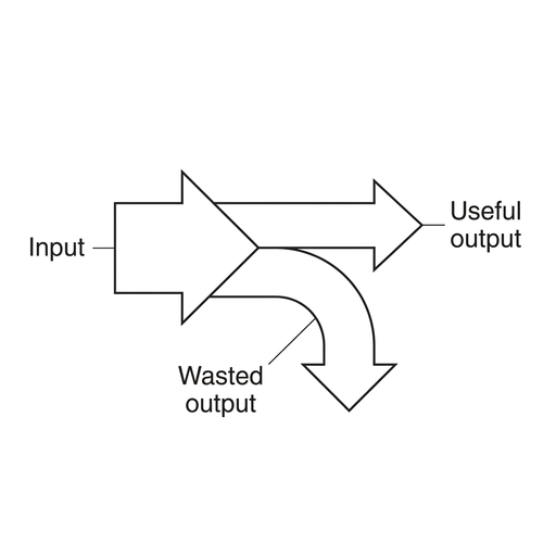 A Sankey diagram with one input arrow from the left splitting into a useful output arrow to the right and a wasted output branch downward. The two output arrows together are visibly narrower than the input arrow. Labels identify input, useful output and wasted output.