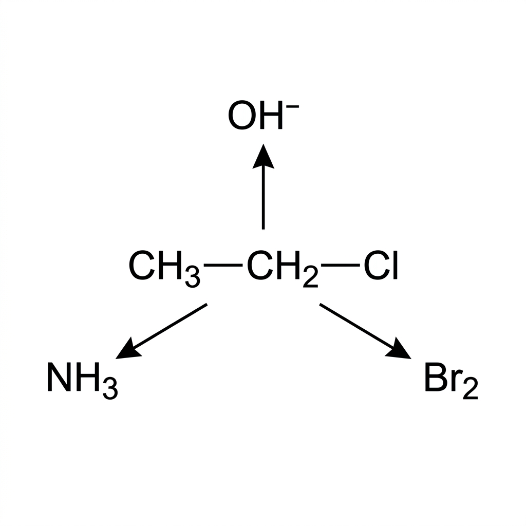 A simple reaction scheme with chloroethane at the centre and arrows to possible reagents OH⁻, NH₃ and Br₂; no products shown.